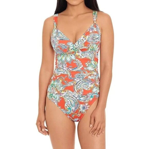 Lauren Ralph Lauren Multi Paisley Surplice One Piece Swimsuit Orange Size 22W - Picture 1 of 5